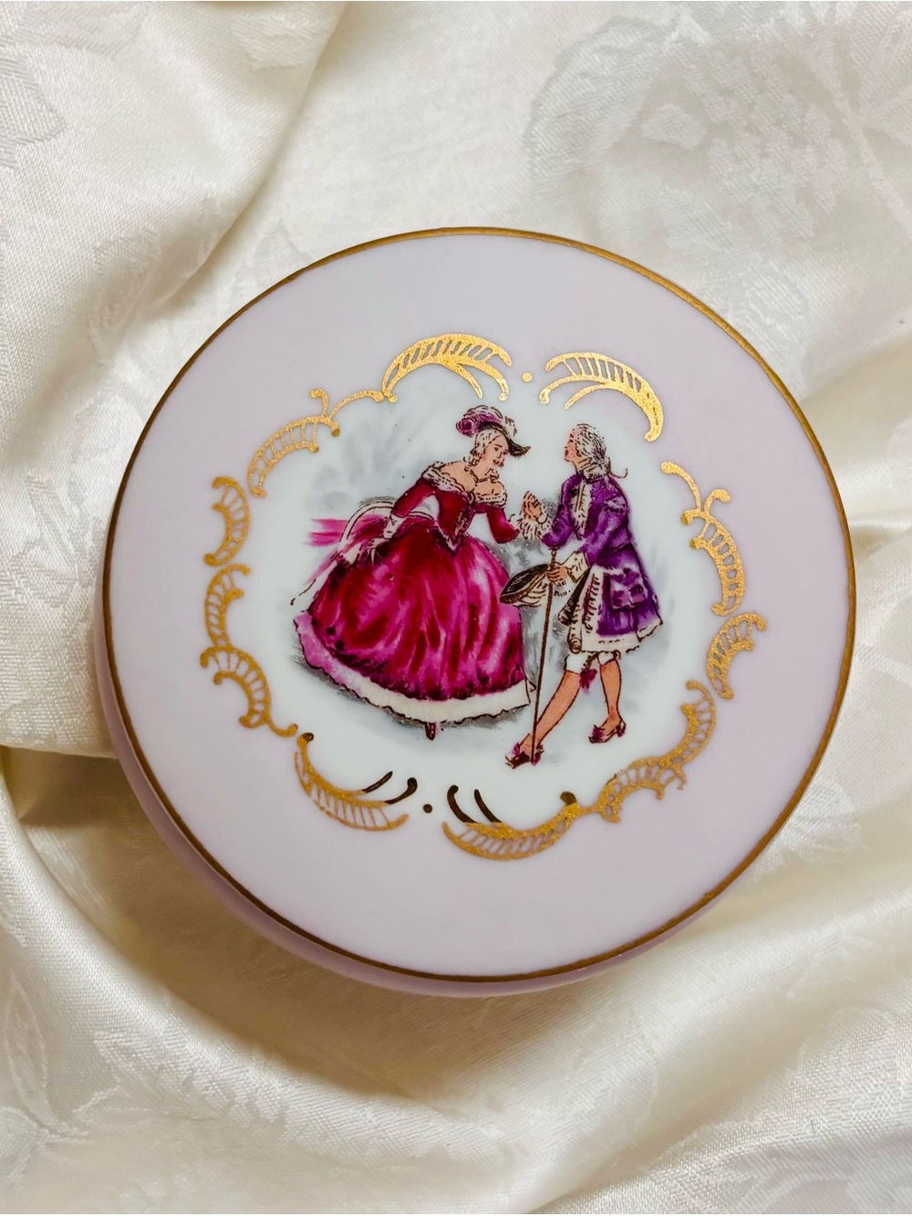Victorian Style Pink Satin Porcelain Trinket Box Gold Gilding Courting Couple